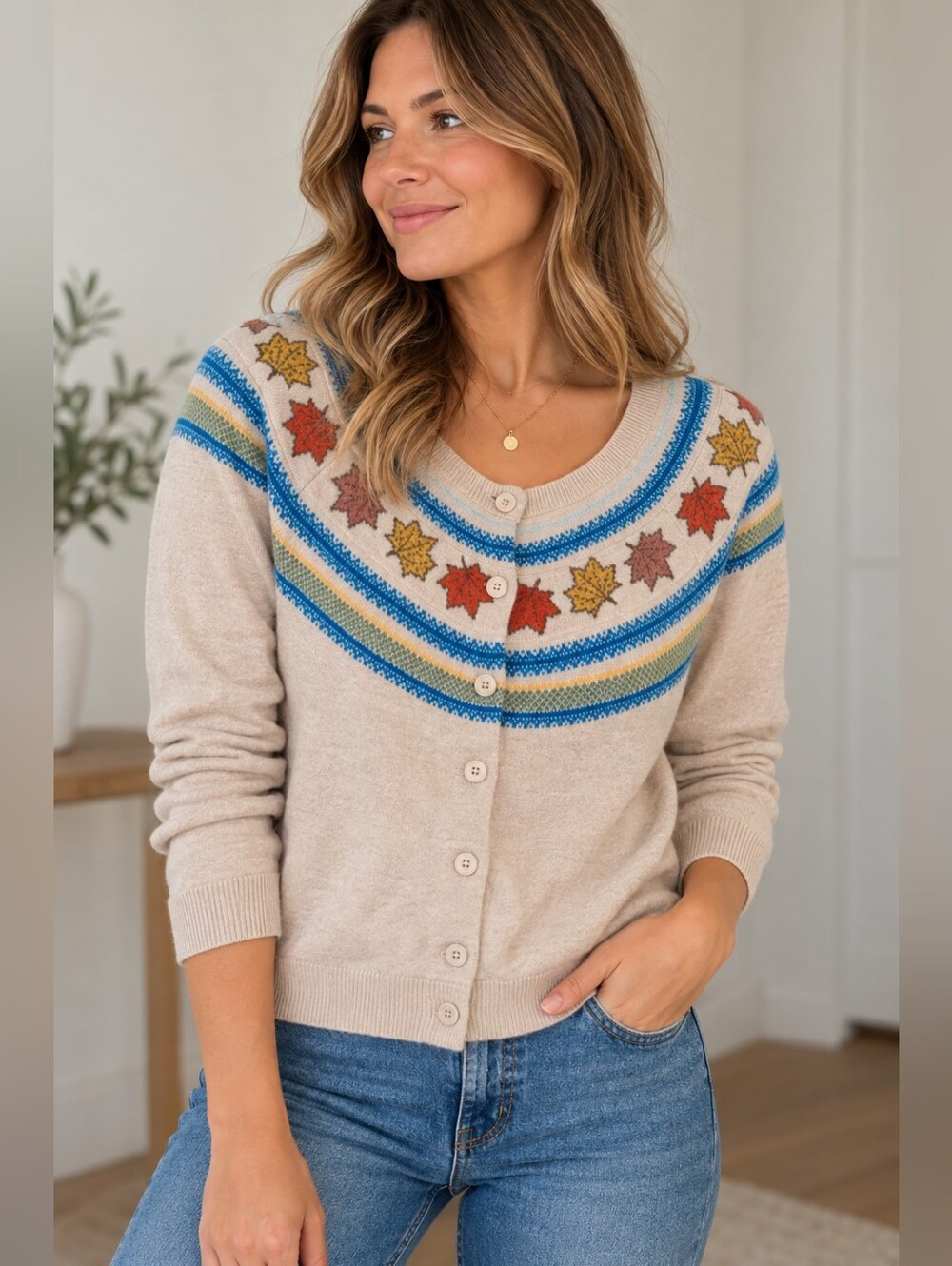 Vintage Fall Leaf Fair Isle Button-Up Cardigan Sweater